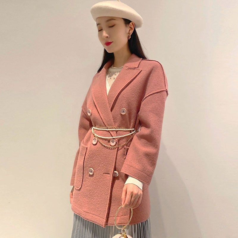 阿玛施旗舰店官网纯色双排扣呢大衣 简妍芙毛呢外套