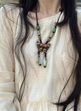森系木圈新中式民族风项链女毛衣链长款高级感国风吊坠复古风配饰