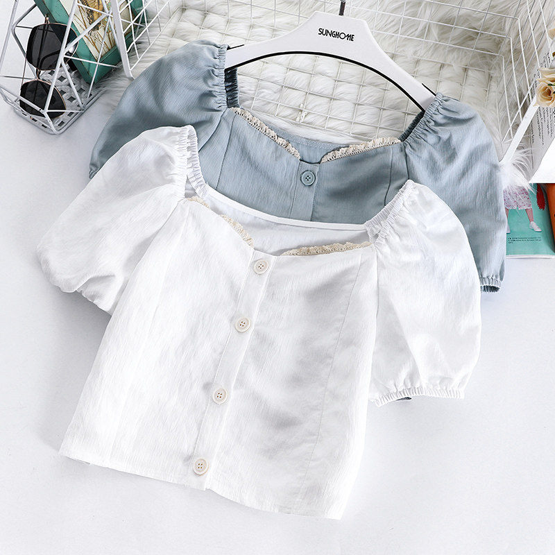 复古法式泡泡袖夏季2020新款雪纺衫 秀依媚族蕾丝衫/雪纺衫