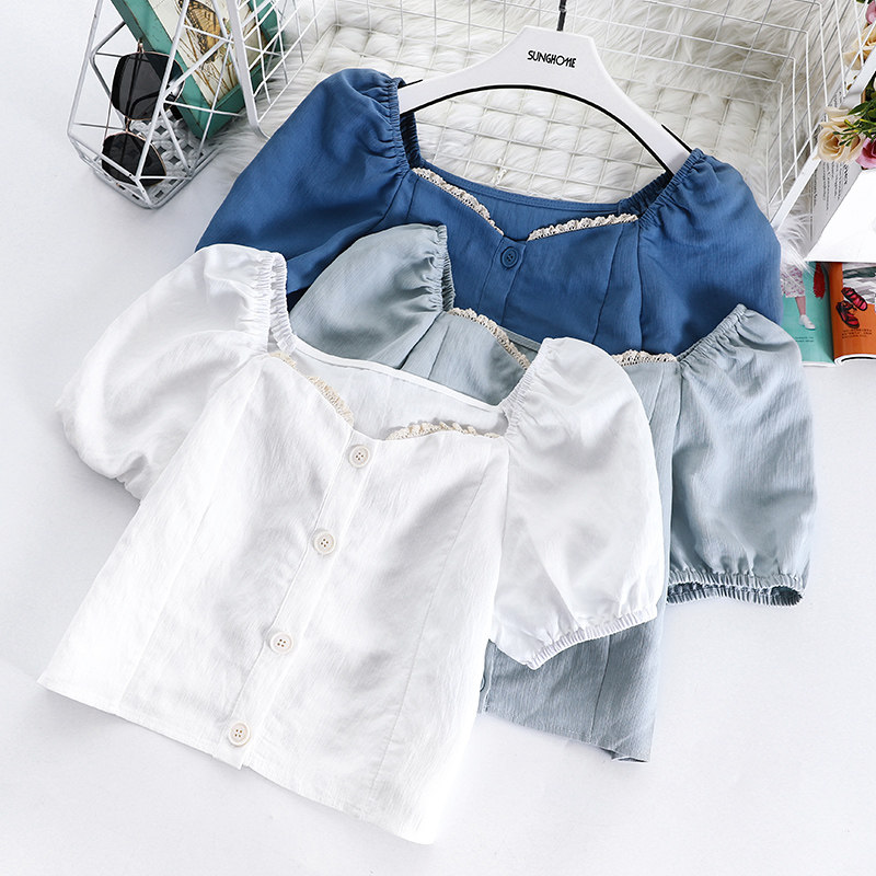 复古法式泡泡袖夏季2020新款雪纺衫 秀依媚族蕾丝衫/雪纺衫