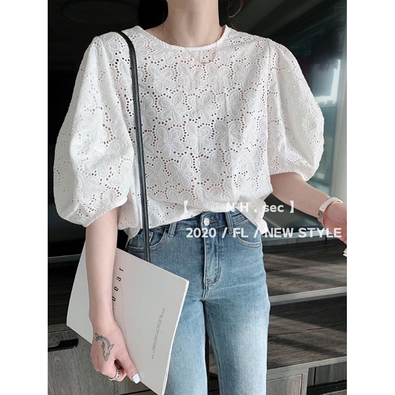 2020夏季新款欧洲站白色宽松蕾丝衫 娇品茜蕾丝衫/雪纺衫