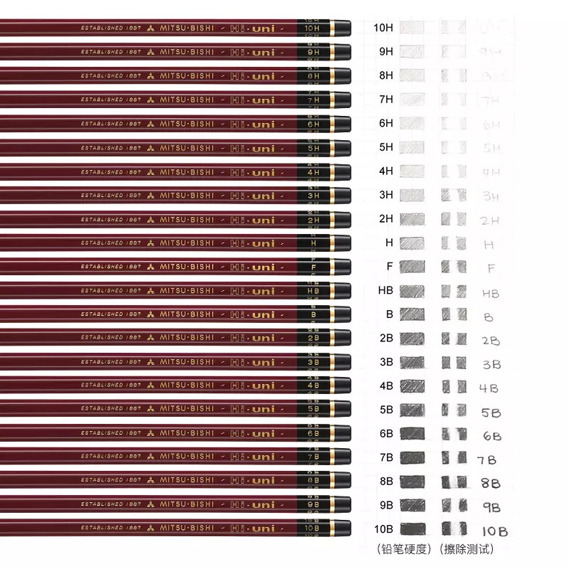 有范专卖日本三菱铅笔HI-UNI素描铅笔套装三菱进口2比铅笔考试涂卡绘画硬度测试笔2H/HB/2B/6B铅笔hiuni红杆-图1