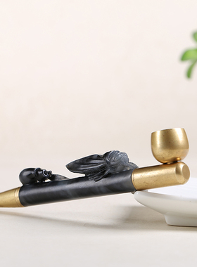 和田玉青花玉蝉竹节烟嘴玉石把件