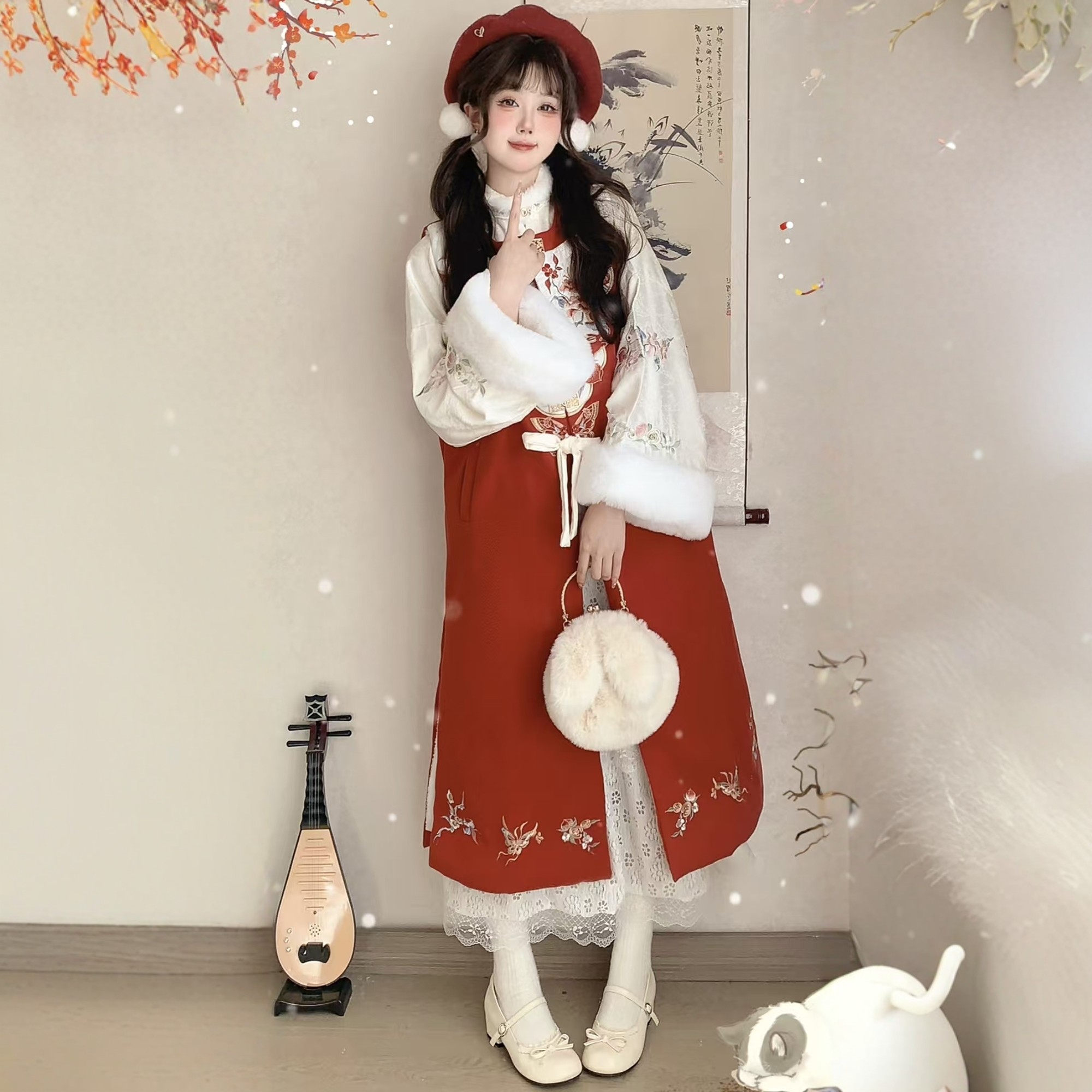 原创汉服女【山茶雪兔】明制加绒加厚长比甲日常拜年服套装冬季款,淘宝优惠券,粉丝福利购,淘宝优惠卷