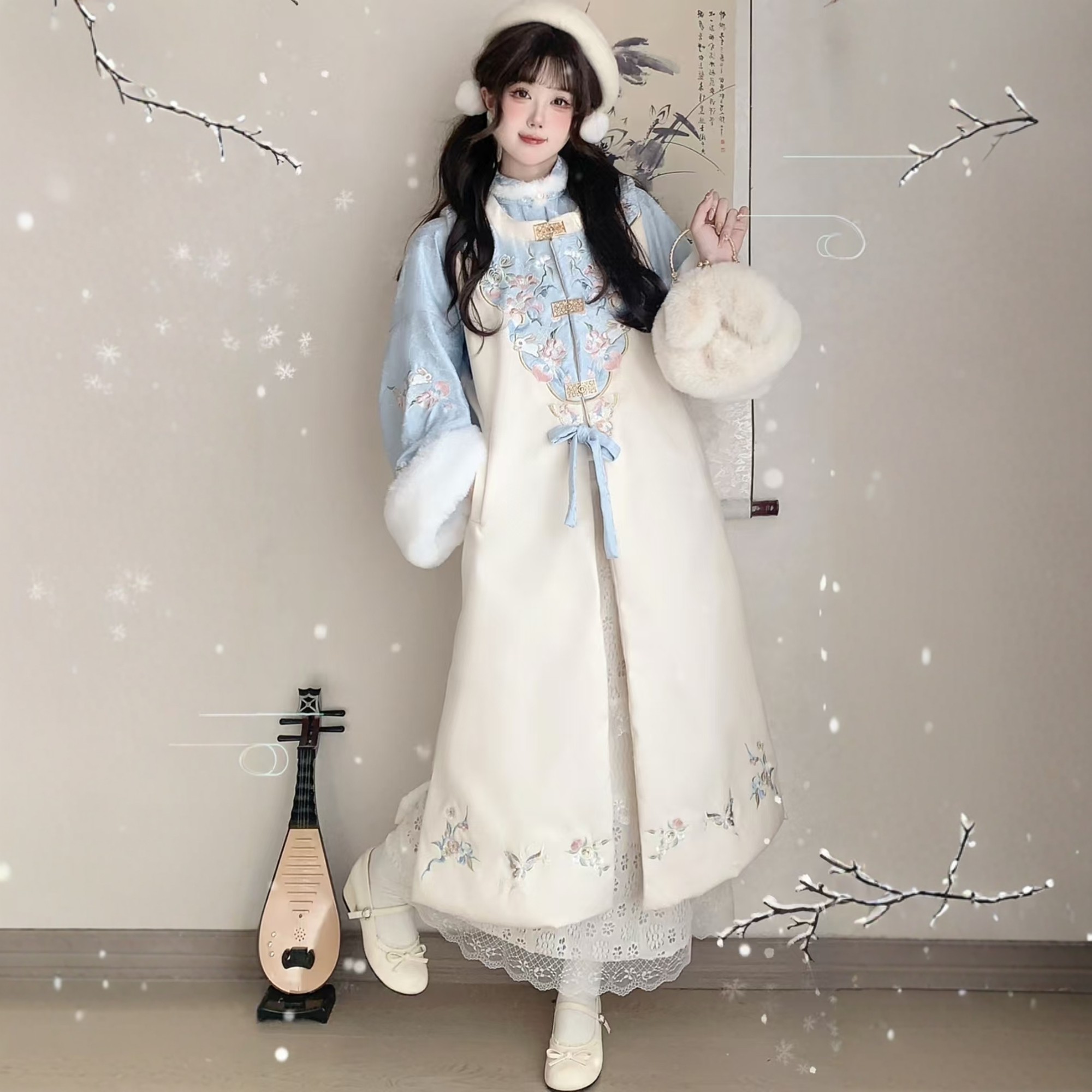 原创汉服女【山茶雪兔】明制加绒加厚长比甲日常拜年服套装冬季款,淘宝优惠券,粉丝福利购,淘宝优惠卷