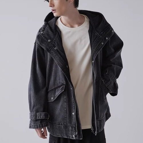 日单男女同款潮牌纯棉春秋深灰色廓形水洗连帽牛仔外套下摆设抽绳,淘宝优惠券,粉丝福利购,淘宝优惠卷