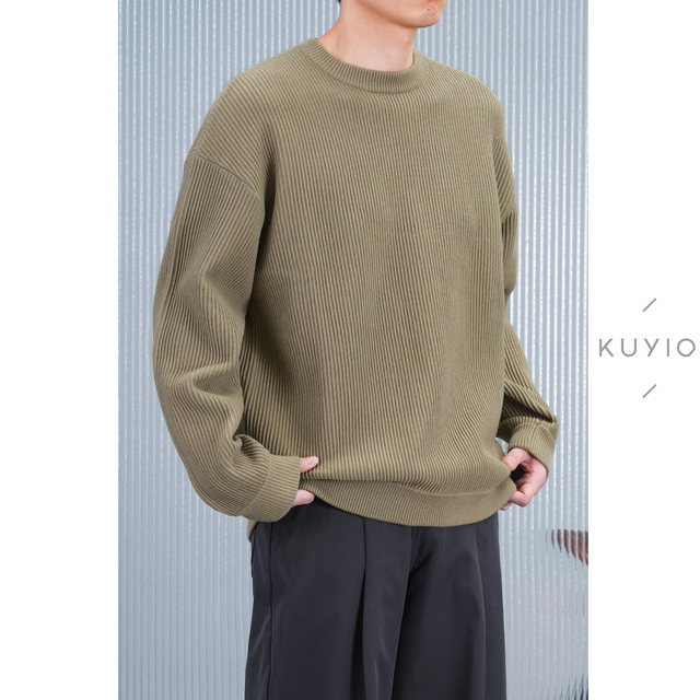 Yisheng pleated striped crew neck pullover sweater