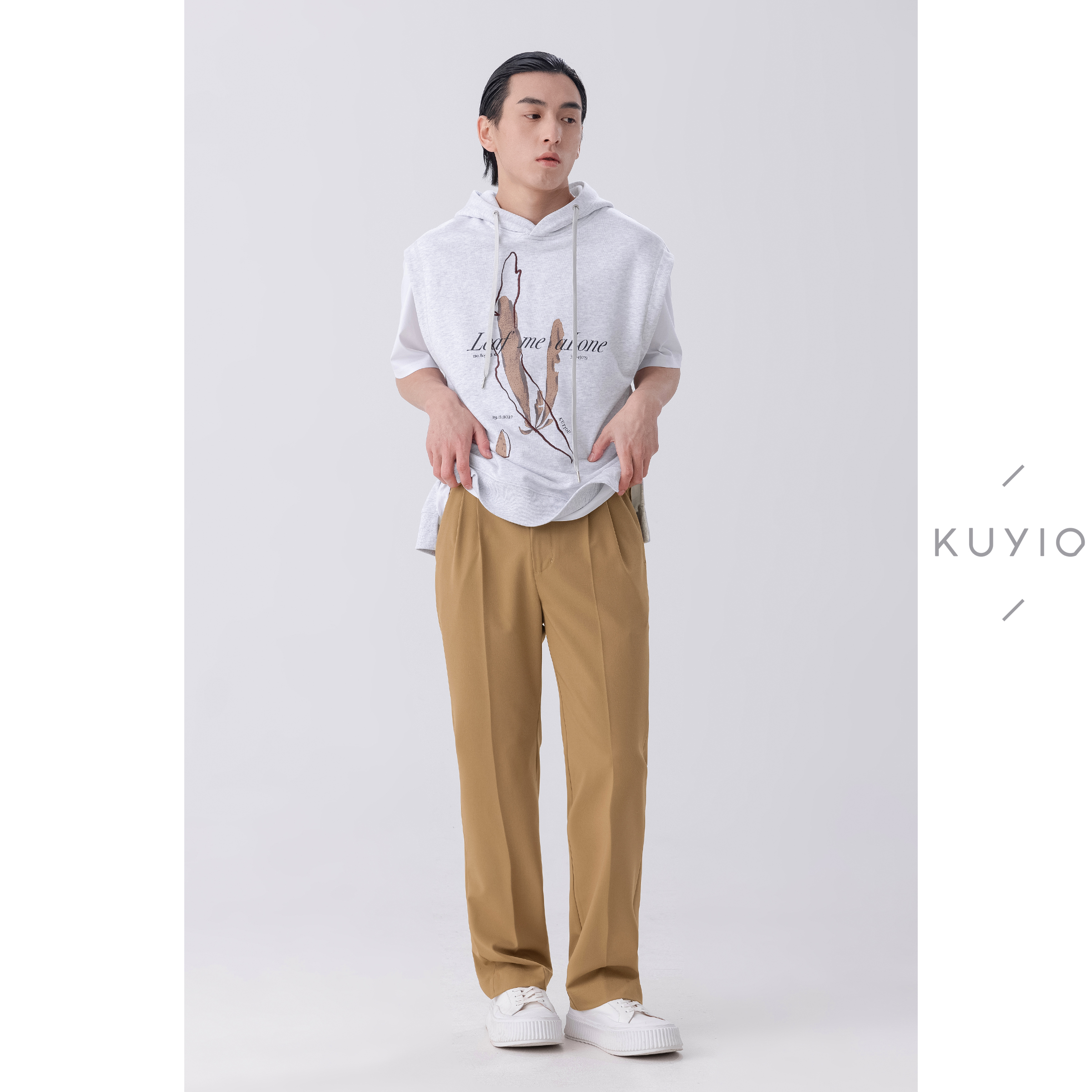 日常通勤基础 KUYIOU/意式双褶垂感直筒松紧腰休闲西装长裤男 K33 - 图1