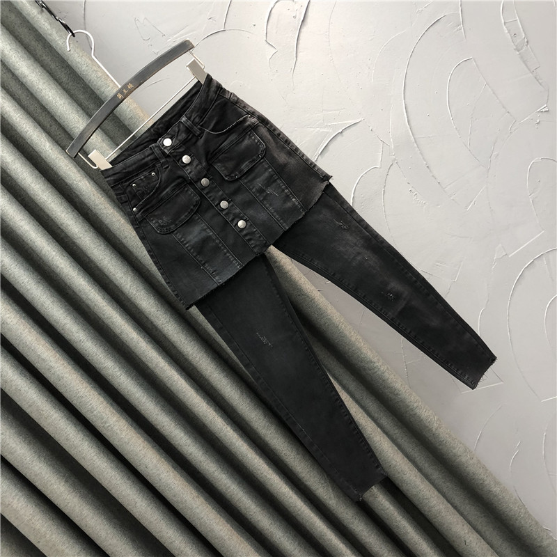 韩版高腰假两件牛仔裤裙20女长裤 简兰顿牛仔裤