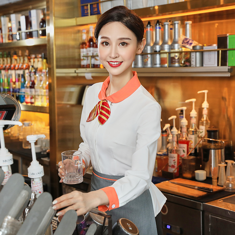 高端餐饮服务员工作服酒店前厅收银西餐厅饭店长袖女秋冬季服装男