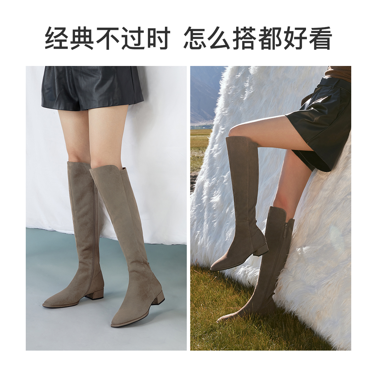 7or9骑士靴女鞋秋冬款过膝长靴尖头真皮长筒靴子瘦瘦靴燕麦麦芬