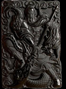 正宗黑曜石霸气关羽挂件 方款大刀关公关二爷吊坠 御龙关公财神男