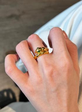 5D硬金黄金灵蛇戒指女999足金镶嵌宝石生肖蛇指环纯金食指戒送礼