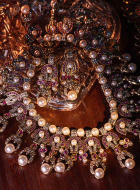 欧美中古vintage 镶满捷克钻双层紫色莱茵石做旧复古风套装链