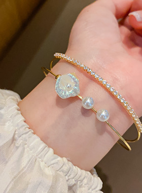 法式镶钻多层珍珠手镯轻奢感手环个性时尚潮流手饰设计感小众