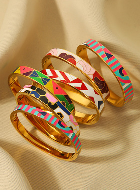 跨境欧美ins风潮流复古18k镀金七彩多巴胺圈圈女士创意感手镯
