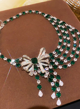 法式锆石蝴蝶结不对称流苏项链轻奢感锁骨链时尚潮流项饰