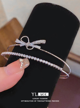 欧美轻奢风锆石蝴蝶结方形葫芦双层开口手镯小众气质感手饰女