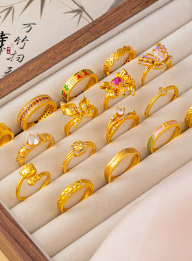 越南古法沙金戒指镶钻女士不掉色小众甜美个性开口蝴蝶沙金戒指