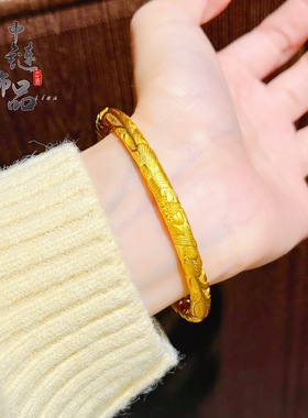 金店款古法越南沙金国色天香牡丹花手镯女新中式錾刻花朵开口手镯