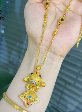 金店同款越南沙金花丝逐浪金鳞鱼吊坠女项链新中式国风锁骨链百搭