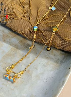金店款古法越南沙金珐琅彩朝花夕拾项链女新中式吉祥如意锁包项链