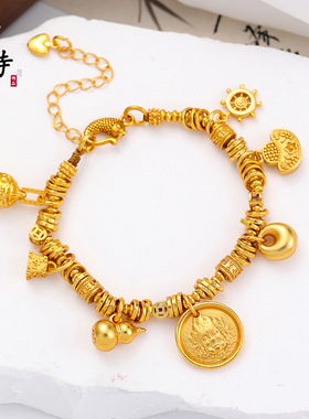 越南沙金黄财神福禄双全吞金兽盘缠手链新中式黄金色葫芦招财手链