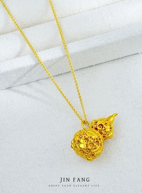 不掉色越南沙金镂空花丝爬藤葫芦吊坠女项链新中式国潮风毛衣链