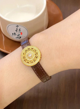 金店同款古法越南沙金镶钻太阳花表盘皮表带送女友节日礼物不掉色