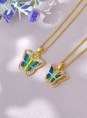古法花丝越南沙金莫桑钻蜜粉金珐琅蝴蝶吊坠项链精致锁骨链国风女