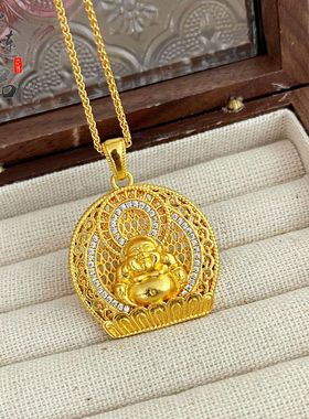金店同款古法越南沙金镶钻弥勒佛吊坠女佛光普照笑面佛挂坠不掉色