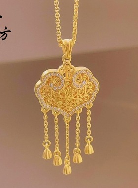 不掉色越南沙金999镶钻璎珞锁吊坠如意平安锁挂坠复古国潮风百搭