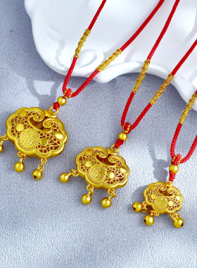 新中式金店同款沙金福字铃铛锁包吊坠儿童平安锁女士福锁饰品项链