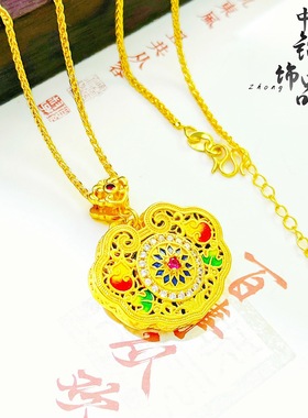 古法越南沙金珐琅彩葫芦平安锁包吊坠镂空花丝如意绳锁包挂坠百搭