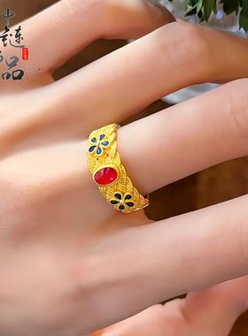 金店同款古法越南沙金珐琅彩凤华玲珑戒指女可调节复古高级感戒指