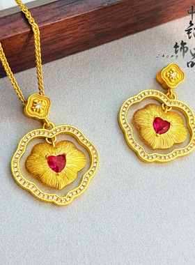 金店款古法越南沙金拉丝镶钻臻心如意爱心吊坠百搭爱心项链锁骨链