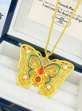 古法越南沙金珍珠玲珑花蝶吊坠滴油花丝蝴蝶项链毛衣链新中式百搭