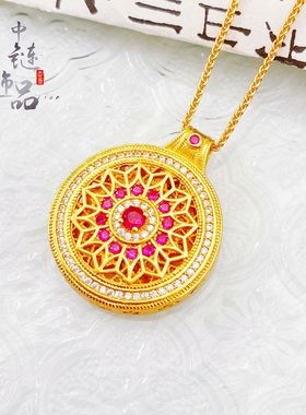 金店同款古法越南沙金镶钻玫瑰花窗吊坠 镂空花丝太阳花罗盘挂坠