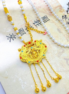 金店款古法越南沙金珐琅彩太子门生锁包吊坠国风天子门生珍珠项链