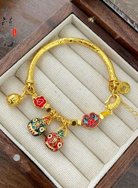 金店同款古法越南沙金吞金兽一家三口手链 祥云莲花吉言半镯手串