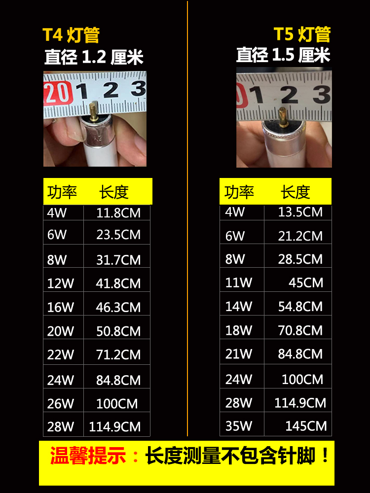 T4灯管家用长条镜前灯管荧光小日光灯管老式浴霸三基色灯管T5细管-图1