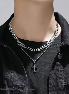 FDK双层叠戴十字架古巴链男女