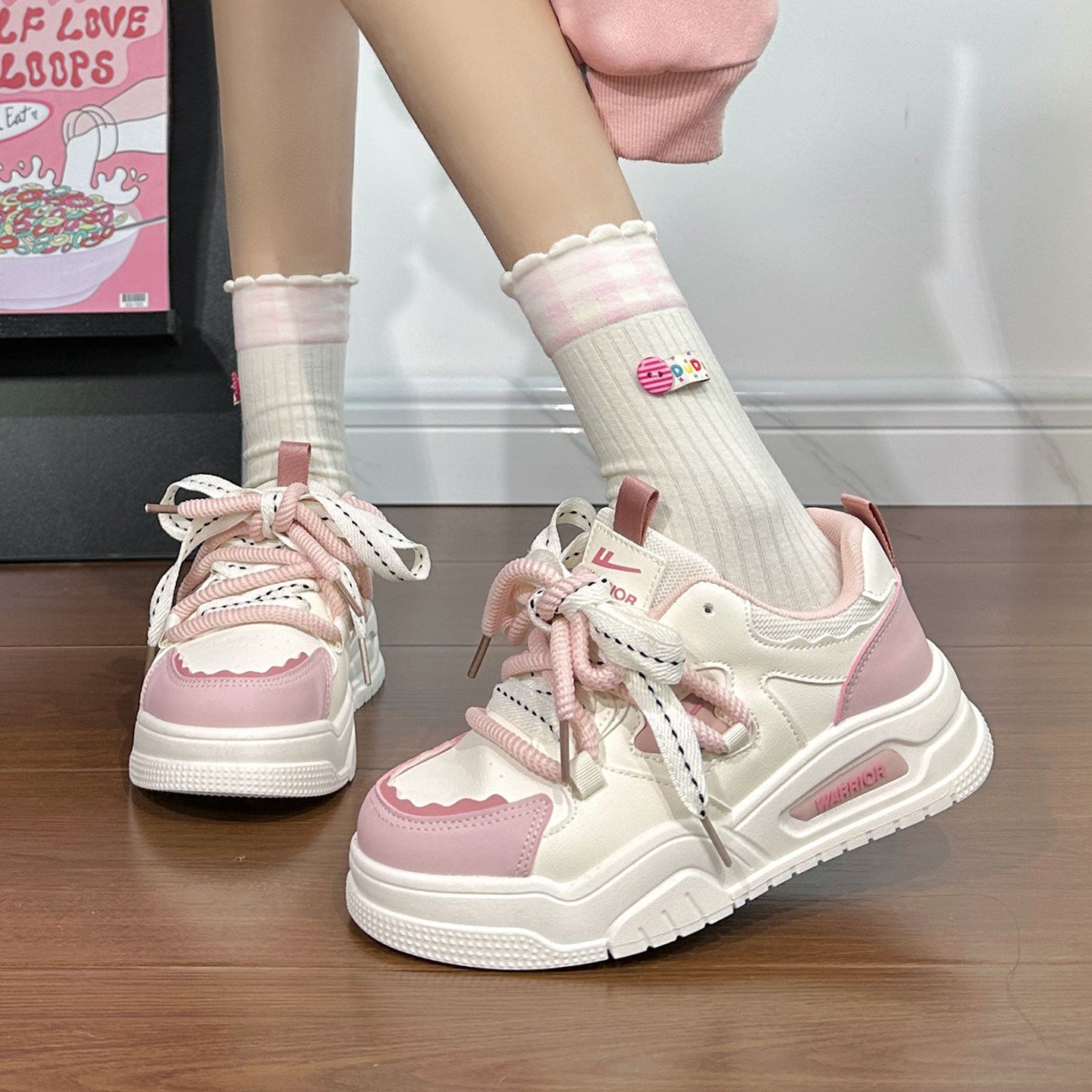 回力樱花粉小白鞋女2025秋冬新款学生百搭面包鞋配裙子厚底板鞋女,淘宝优惠券,粉丝福利购,淘宝优惠卷