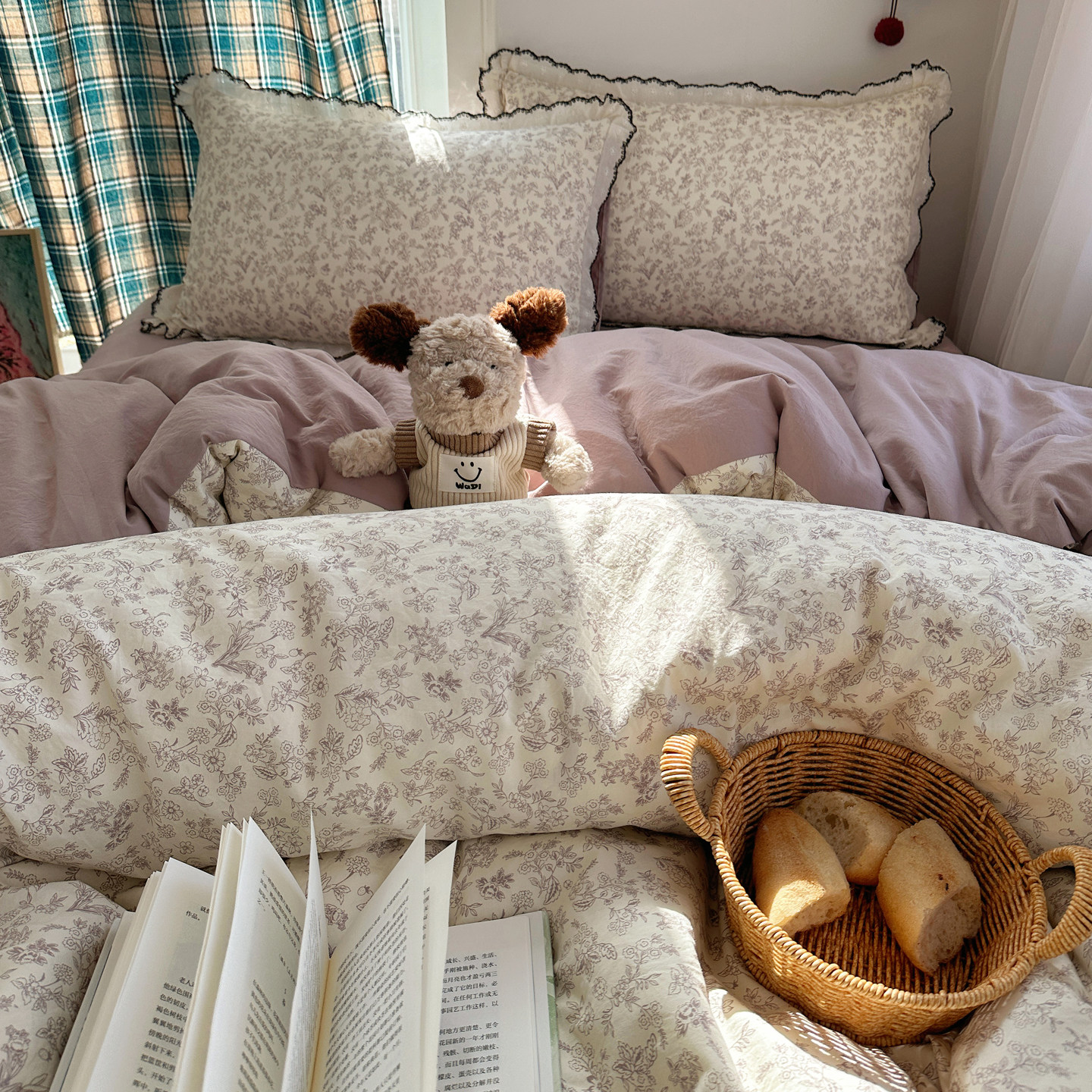 法式A类田园风花边床上四件套纯棉全棉床单人被套被罩宿舍三件套4