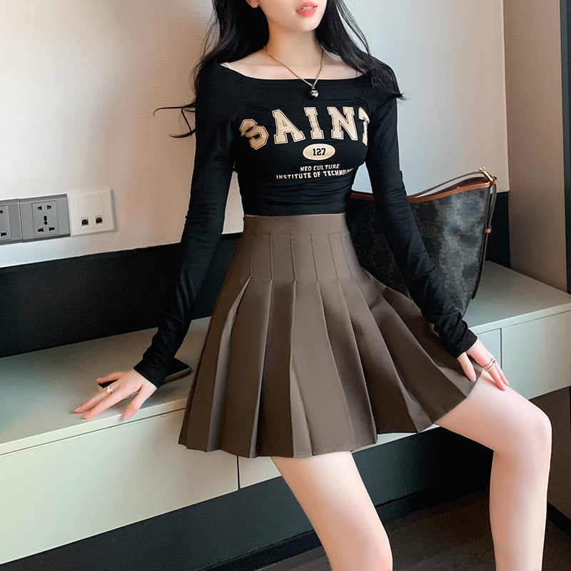 咖色春秋2023防走光学院风半身裙子 星娅妃半身裙