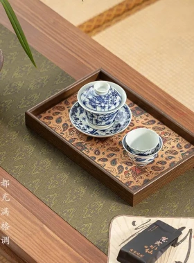 波西米亚木纹托盘欧式家用茶盘ins风长方形桌面钥匙摆件收纳盒