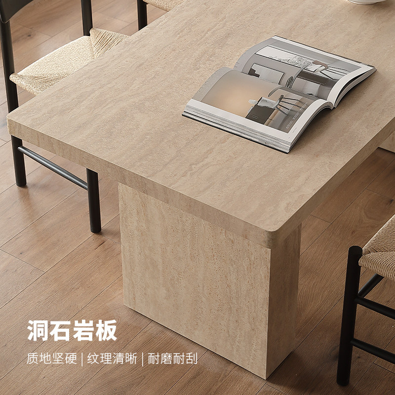 吉诺威洞石岩板餐桌椅2025新款长方形高级法式复古诧寂风饭桌家用,淘宝优惠券,粉丝福利购,淘宝优惠卷