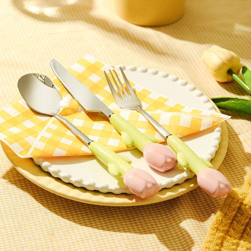 高颜值郁金香304不锈钢ins勺子刀叉西餐高级陶瓷精致吃甜点心牛排,淘宝优惠券,粉丝福利购,淘宝优惠卷