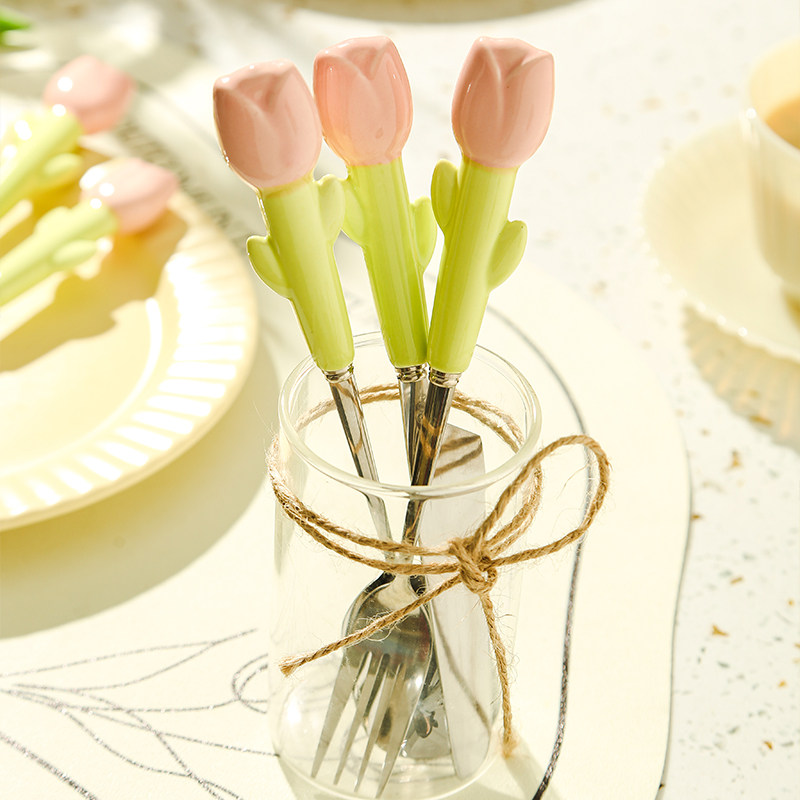 高颜值郁金香304不锈钢ins勺子刀叉西餐高级陶瓷精致吃甜点心牛排,淘宝优惠券,粉丝福利购,淘宝优惠卷