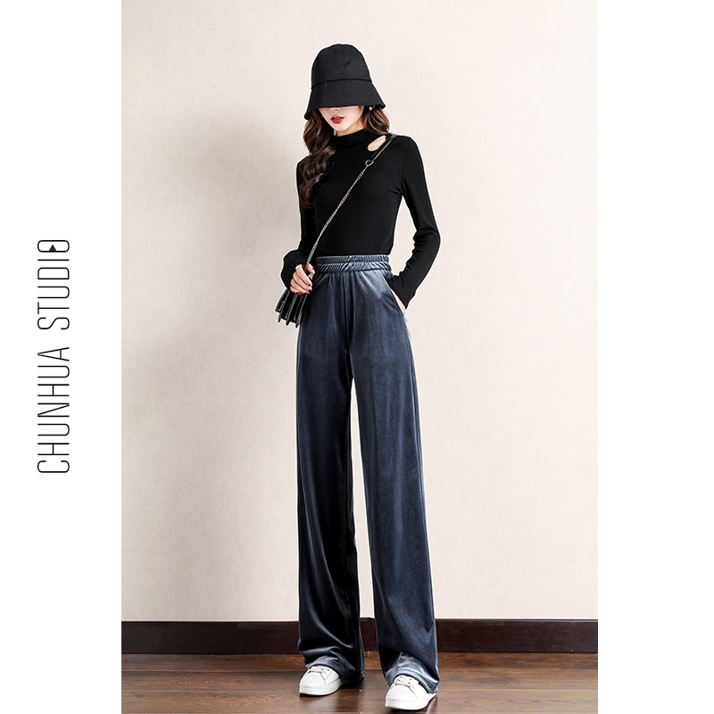 坠感金丝绒高腰休闲宽松垂感阔腿裤 春花暖暖休闲裤